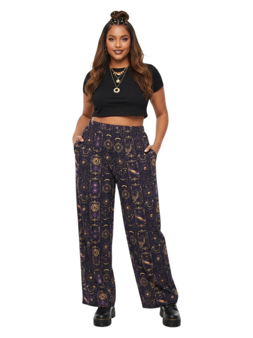 Whimsigoth Tarot Card Celestial Wide Leg Lounge Pants with Pockets, XXS-6XL